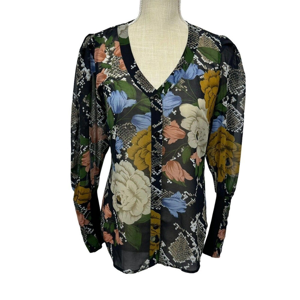 Cabi Snakeskin Floral Sheer Blouse Snake Charmer Colorful 3762 Womens Size XS